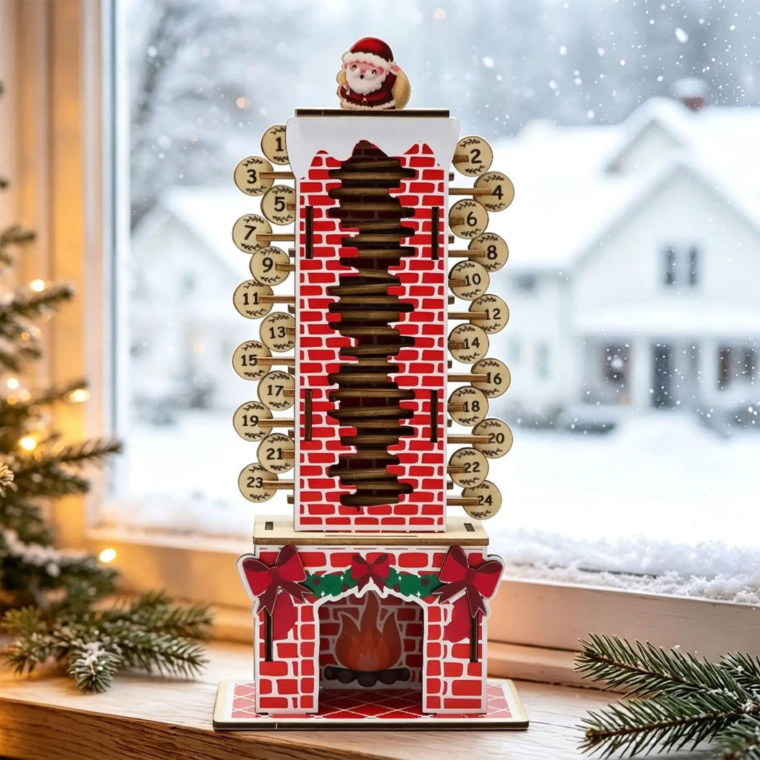 🎅 Calendario dell’Avvento in Legno con Babbo Natale Scorrevole – Camino Natalizio 3D 🎄